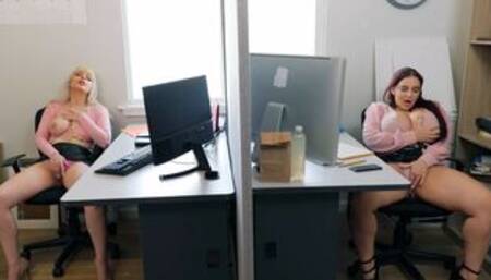 Two busty colleagues masturbate at work