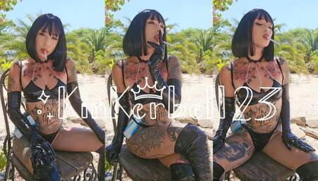 Kinkerbell23 smoking 120 cigarette in PVC bikini & thigh high boots