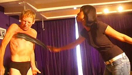 Whipping his chest - Goddess Valeska & Osel - HD MP4 Clip