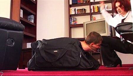 Head kicking, slapping and boot licking - Lady Kitty & Criss - HD MP4 Clip