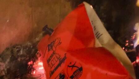 Burning inflatable Bema water wing Armband because it was very cold in my house