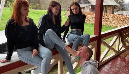Group Foot Domination And Socks Worship Femdom Outdoor With Sofi, Kira and Dina (WMV HD 720p)