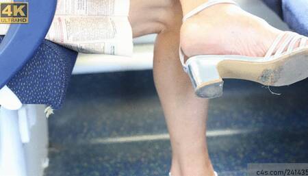 Pretty mature wrinkled feet in sexy sandals, shoe fetish watching, candid foot fetish