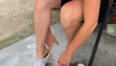 Jarlyn goes out on a drive in white tennis sneakers and skirt (custom)