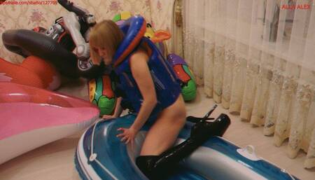 Alla has a hot fuck with a rare transparent inflatable boat and wears an inflatable vest!!!