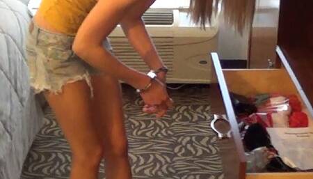 Danielle - Handcuffed and Shackled Key Search in Jean Shorts (MP4)