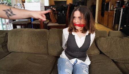 Sophia, a detective in trouble gets handcuffed with her own cuffs and cleave gagged, then tied with rope and ballgagged