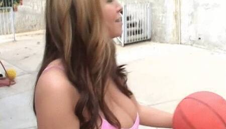 Sexy busty Brandy Taylor gives head outside and takes cumshot on boobs