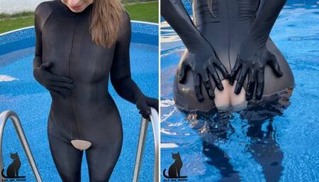 Nylon bodystocking tease in the pool