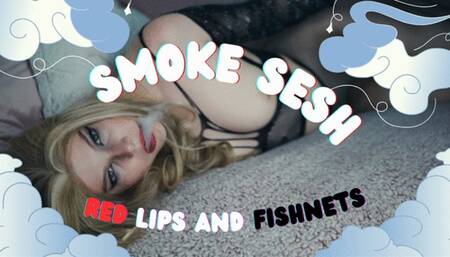 Red lips, black nails and fishnets smoke sesh