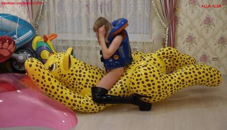 Alla has a hot ride on an elastic inflatable cheetah!!!