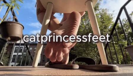 Below my chair pov, smoking milf sole scrunching, slides and long legs, purple toes