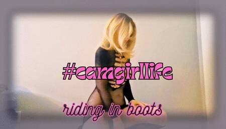 Blonde camgirl riding a dildo in fishnet dress and high heeled boots