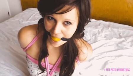 Rope tied Ava drools like crazy in slow motion