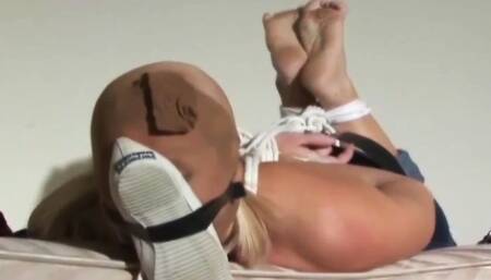 Crystal hogtied barefoot in jeans topless harness gagged ball gagged panyhooded nylon hooded stinky sneaker taped to face