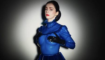Seductive sound of a blue latex blouse (4K)