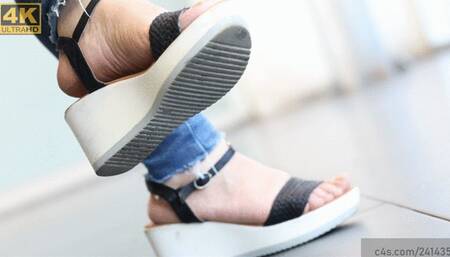Candid sexy wedges heel sandals, under feet fetish watching, small dirt on the edges of the feet heel