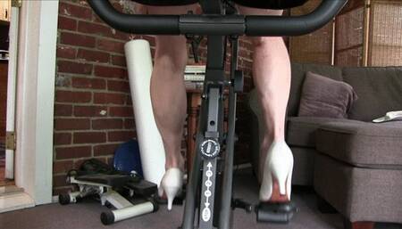 Lilly, pedaling the stationary bike, her granny calves