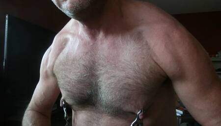 Daddy Feels Muscular and Powerful, Cock Ring Nipple Clamps Chain and Harness