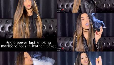 Angie power fast smoking marlboro reds in leather jacket