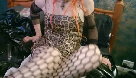 Leopard Print PVC Dress in chastity fucking hard with a super long anal dildo