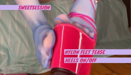 Blue nylon stockings feet, toes and soles