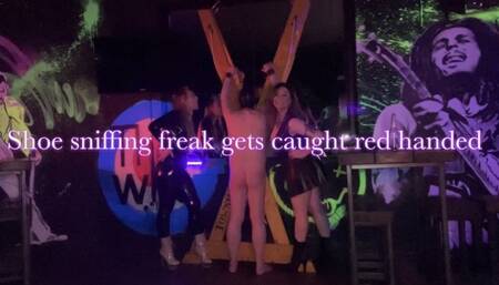 Shoe Sniffing Freak gets caught red-handed ft Mistress Morgan & Mistress Emily