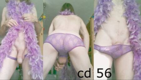 Heteroflexible K crossdressing 55: slender fit older hung twunk transvestite purple panties and feather boa