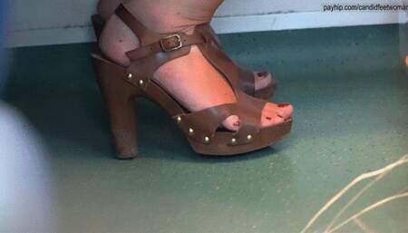 Three candid foot fetish, wood heel sandals, wedges hees and elegant high heel sandals