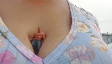 Bouncy big boobs Giantess unaware milf cleavage ride for tiny shrunken stepson