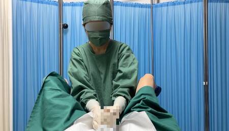 Asian doctor in surgical gown gives handjob with male organ and dildo
