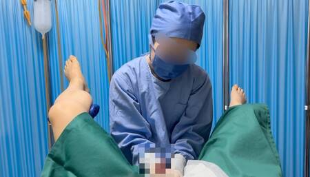 Asian Takara gives a hand job to a man's genitals in a surgical gown