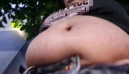 Milf Muffin Top Too Tight Jeans Under Giantess unawares Big Bloated Bouncy Belly as she takes a walk while occassionally fingering her deep BellyButton mov