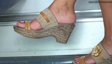 Perfect feet with mules heeled, nice shape arched feet, candid foot fetish watching