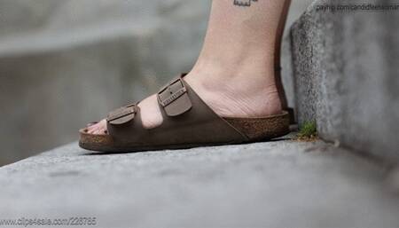 Candid foot fetish watching, nice mature moving feet with brinkenstock