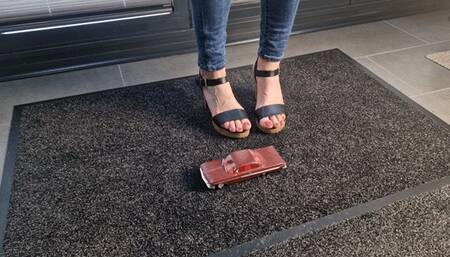 Abby Giantess crush toy car 1961 Chevy Impala in High heeled sandals high side view