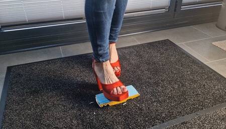 Abby Giantess crush a toy car 1970s Chevrolet Impala in chunky platform high heels high side view