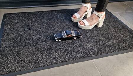 Abby Giantess crush toy car 1957 Chrysler 300c in white chunky platform heels upper view