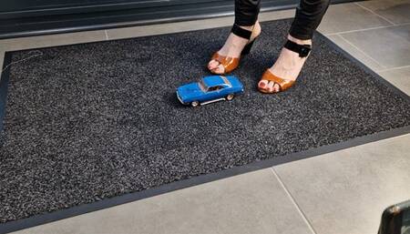 Abby Giantess toy car crush a 1969 Chevrolet Camaro in open toe heels upper view