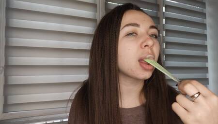 The hottie blows bubbles imagining cum