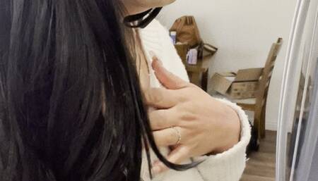 wet Morning cough only wearing a white sweater making coffee