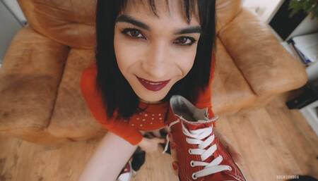 Red dress, socks and pee