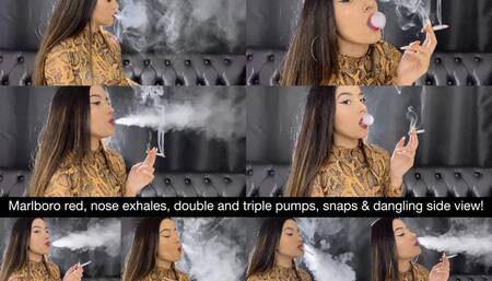 Angie powersmoking marlboro red side view! Nose exhales, double and triple pumps, snaps, residual exhales, dangling!