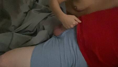 Ruining his orgasm by blocking it with my thumb!