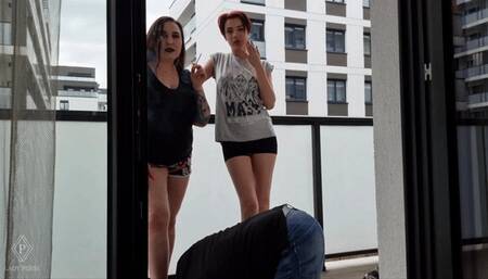 This slave will clean our dirty trainers with his tongue