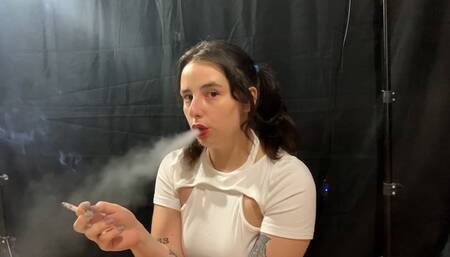 Smoking with Hard Nipples and Ponytails