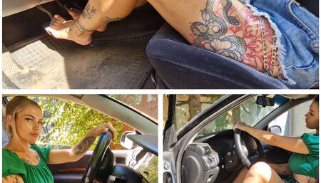 Alina pedal pumpin barefoot on an old Opel