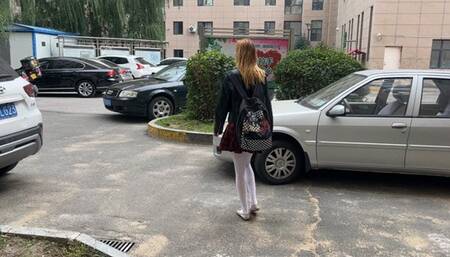 girl went for a walk after school, her ballet shoes were polished and she began to walk in white tights, getting them dirty