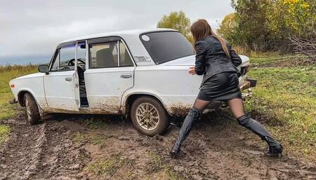 CAR STUCK  Alena gets stuck and slips in the mud in high heeled boots