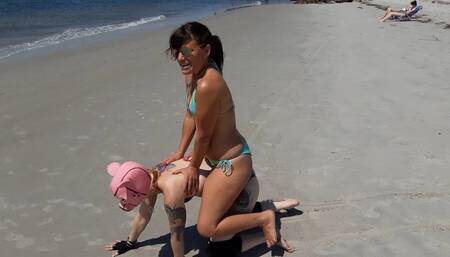 Pny3) Spinner Karlee Paige Gives Sexy MILF Sandra Moore a Beach Side Piggy Ride